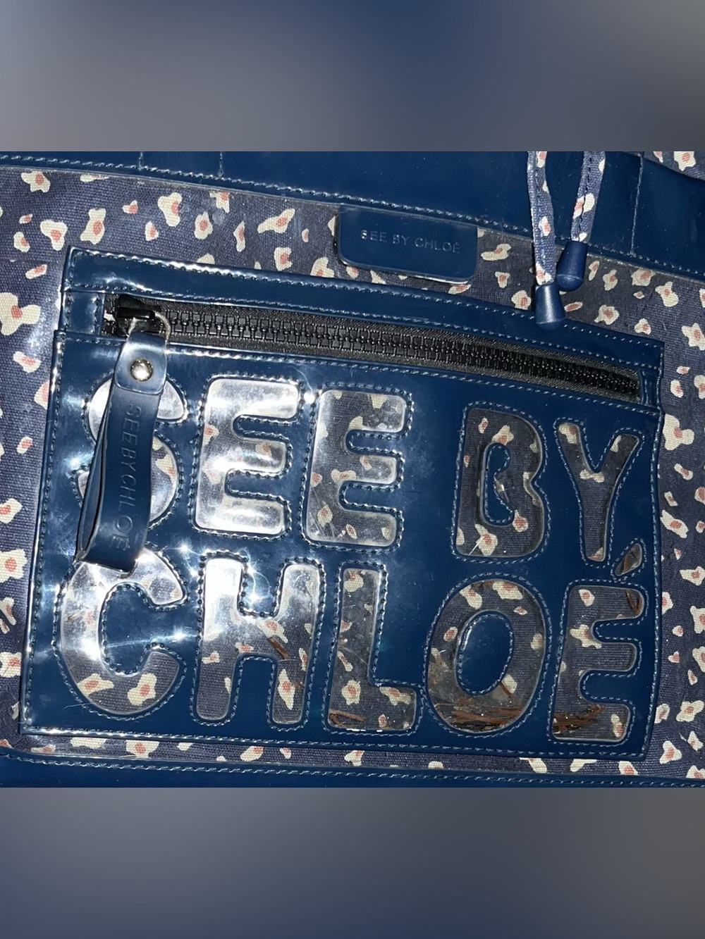 See By Chloe Navy Patent Trim PVC Tote with Removable Inner Drawstring Liner - Picture 5 of 10